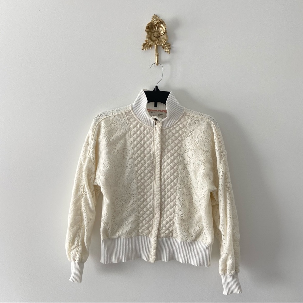 Anthropologie Saturday/Sunday Mission Ivory Quilted Lace Bomber Zip-up Jacket S